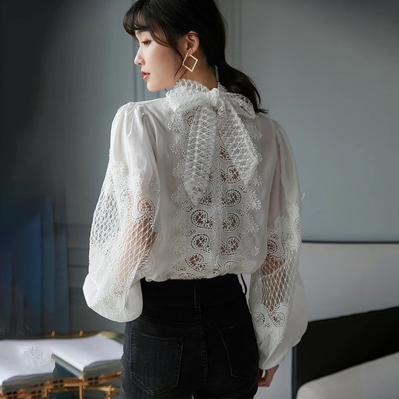 Lucie Lace Embroidered Silky Lantern Sleeve Blouse - Picture 2 of 6